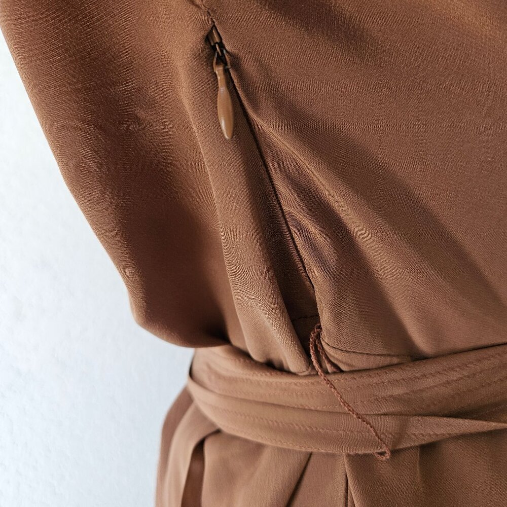 Maeve Anthropologie 100% Silk Warm Brown Faux Mock Wrap Dress Size 14 - Picture 9 of 11
